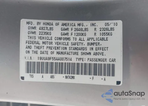 2010 Acura Tl 3.7 from USA, damaged, VIN 19UUA9F55AA007514